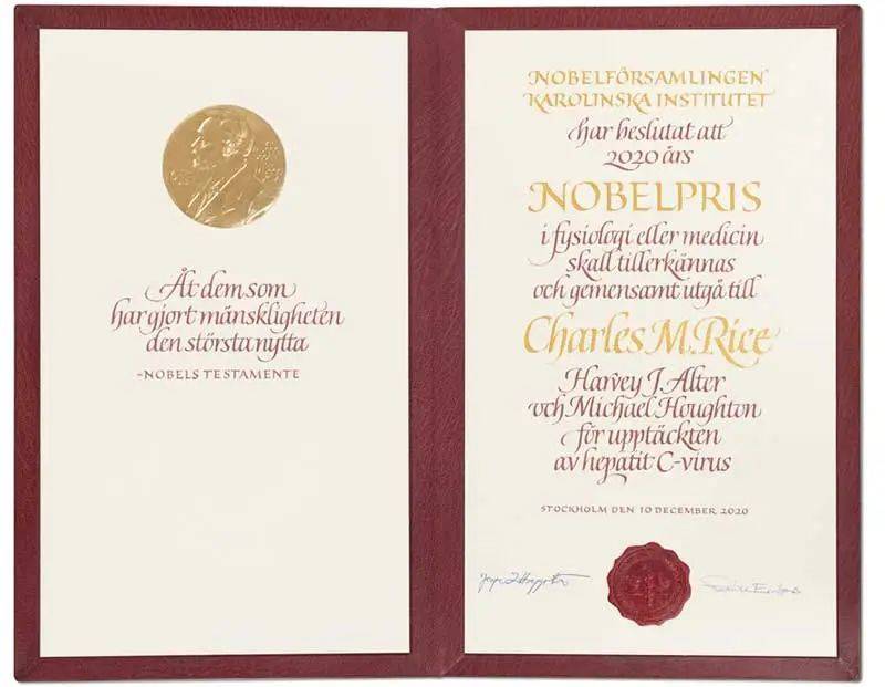 查尔斯·赖斯的获奖证书丨nobelprize.org<br>