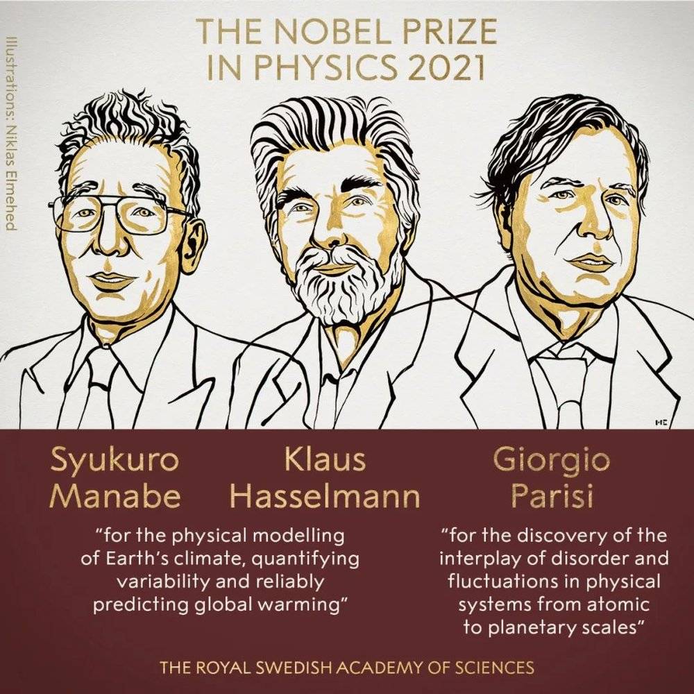 2021 年诺贝尔物理学奖得主：真锅淑郎（Syukuro Manabe），克劳斯·哈塞尔曼（Klaus Hasselmann），乔治·帕里西（Giorgio Parisi）。