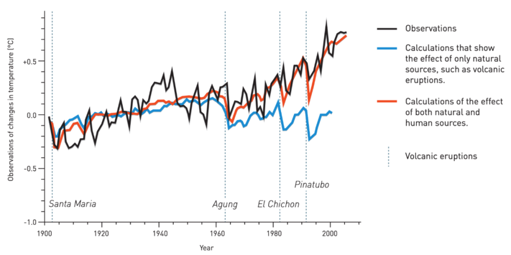 识别气候中的指纹：克劳斯·哈塞尔曼开发了区分大气升温的自然原因和人为原因（指纹）的方法。图为与 1901-1950 年间平均温度（单位：°C）相比，气温变化的观测值（黑色）、只受自然原因影响的预测值（蓝色）、和在自然原因与人为原因共同影响下的预测值（红色）。