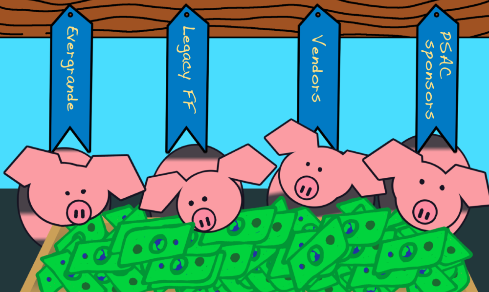 手绘的四只猪分别代表FF的四个股东
