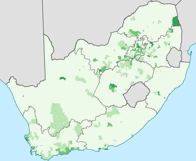 南非白人在各地区的人口比例，绿色越深，比例越高<br>