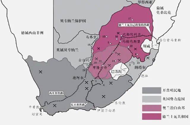 南非联邦成立前的政治形势图，两个布尔共和国（紫色）都在内陆地区<br>