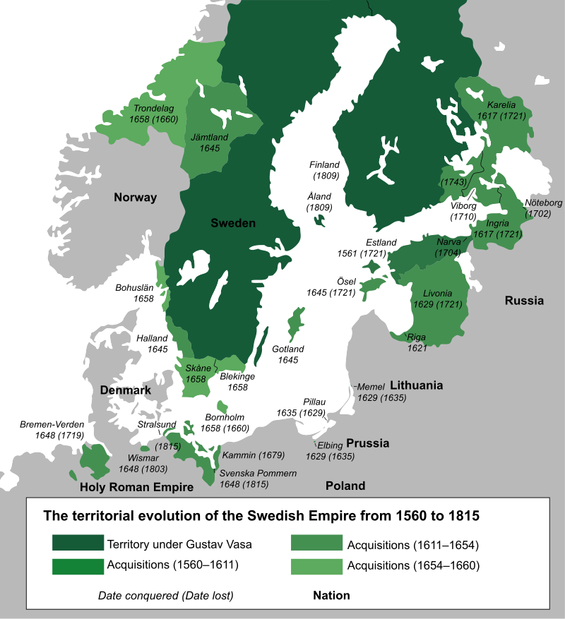 1560年-1815年的瑞典领土变化，数字是获得年份，括号内数字是失去年份<br>