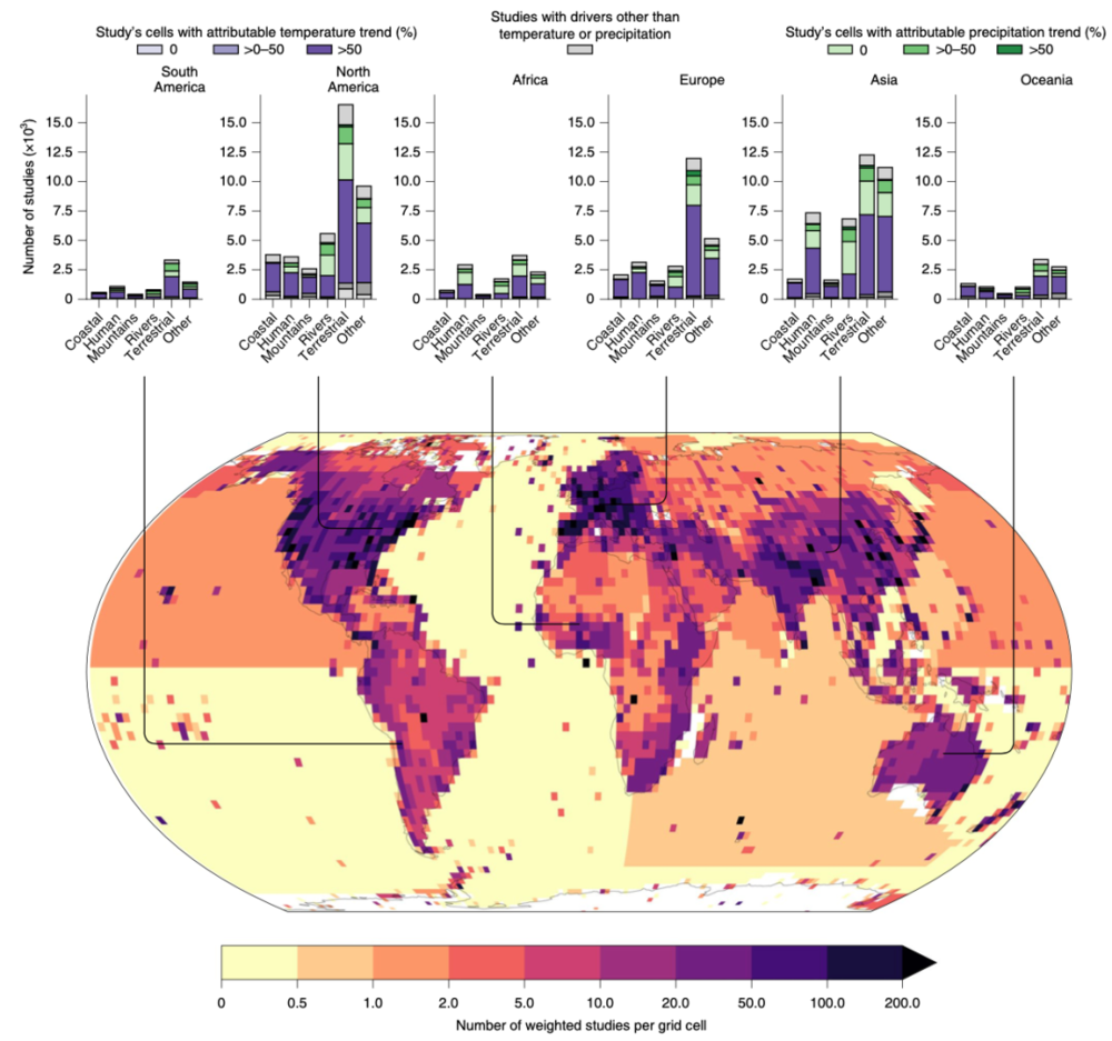 图 | 气候影响证据的全球密度图（来源：该论文）