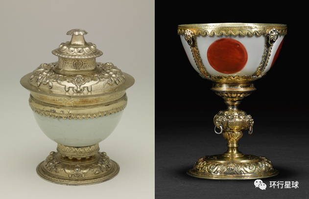 左为“莱纳德杯（Lennard Cup）”，现存于大英博物馆；右为意大利收藏家私藏。两个瓷碗均产自明嘉靖年间（1522~1566），且均在16世纪被欧洲收藏人二次加工。因为中国瓷器的昂贵稀有和对中式审美的不熟悉，将瓷碗披金戴银视作奖杯或浅杯（tazza）在16-17世纪是常见操作。<br>