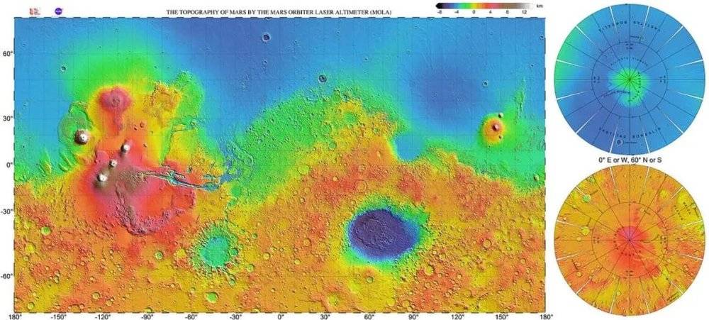 用彩虹色彩模式表示火星表面地形。| 图片来源：NASA<br>
