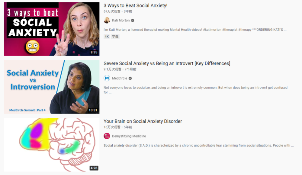 5年前，YouTube上关于社交焦虑的讨论就已经达到了16万次播放<br>