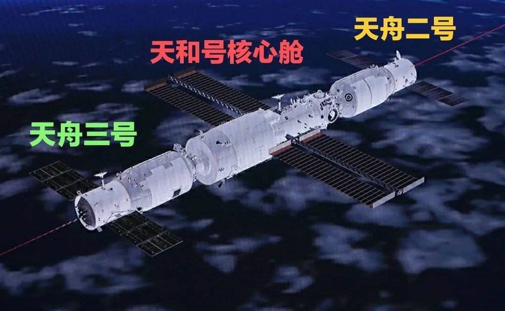 神舟十三号对接前的中国空间站三舱组合体状态 | BACC/我们的太空/B站@神舟十号SZ10<br>
