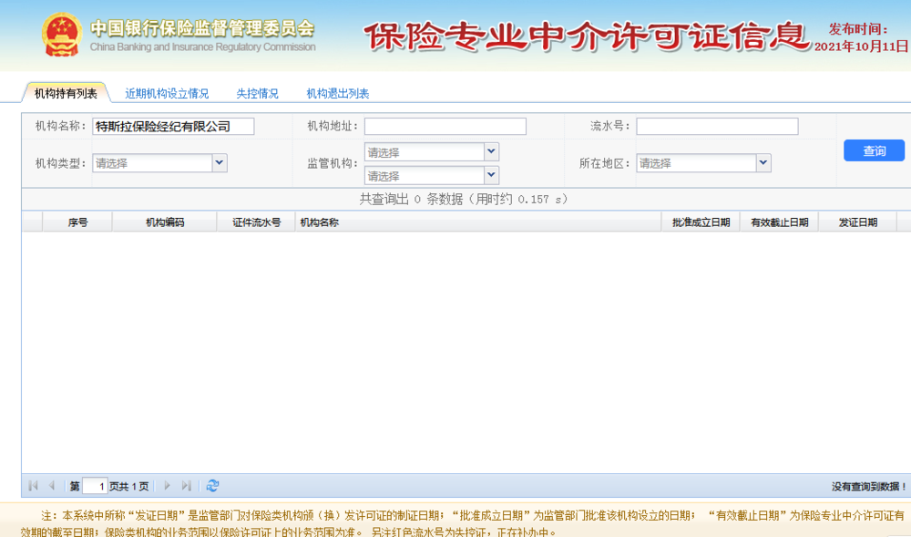 中国银保监会官网的许可证信息查询结果截图