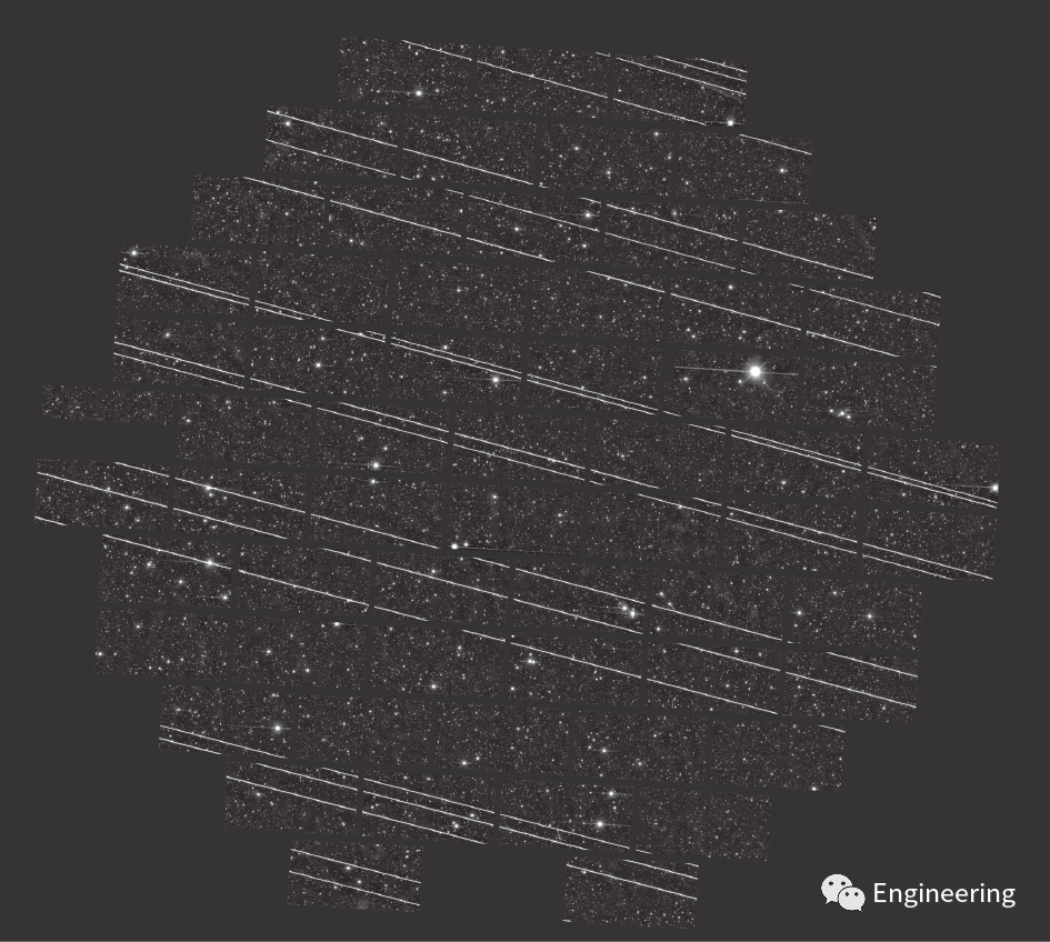 图1. 2019年11月18日，在智利的Cerro Tololo美洲天文台，Starlink 卫星在由Blanco望远镜拍摄的这张图像中留下的细条纹。注：在333 s的曝光时间内，有19颗卫星通过了望远镜的视野。这些卫星于一周前发射，并且正在向最终的轨道高度为550 km的方向移动。图片来源：DELVE Survey CTIO/AURA/NSF，经许可。