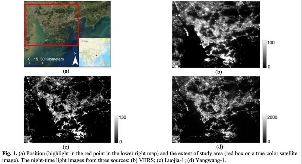 图片来自朱孝林教授团队的论文。这是来自三个卫星的粤港澳大湾区数据，b为美国卫星，c为中国珞珈一号，d为仰望一号。不过珞珈一号目前已停止工作。<br>