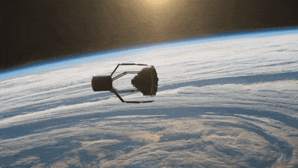 ClearSpace-1将使用一个实验性的四臂机器人来捕获2013年织女星发射器留下的二级有效载荷适配器，此图为模拟演示<br>