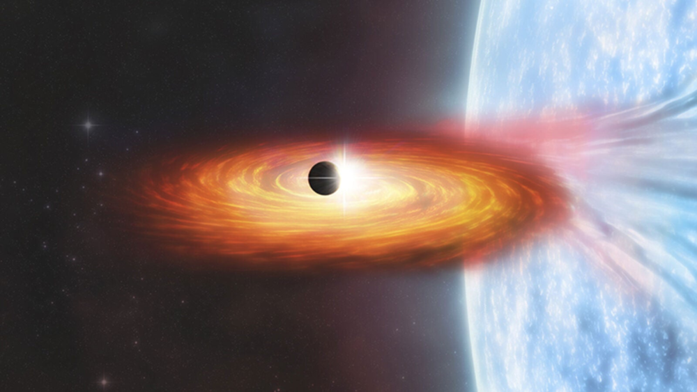  天文学家在一个X射线双星系统中发现了X射线的暂时变暗，在这个系统中，一颗大质量恒星围绕着一颗中子星或黑洞运行。这种变暗被解释为一颗行星从中子星或黑洞周围的X射线源前面经过。| 图片来源：NASA/CXC/M. Weiss<br label=图片备注 class=text-img-note>