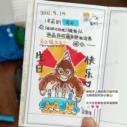 主人给猩猩玩具画的生日卡片，图片：豆瓣用户“在逃杀人饭”<br>