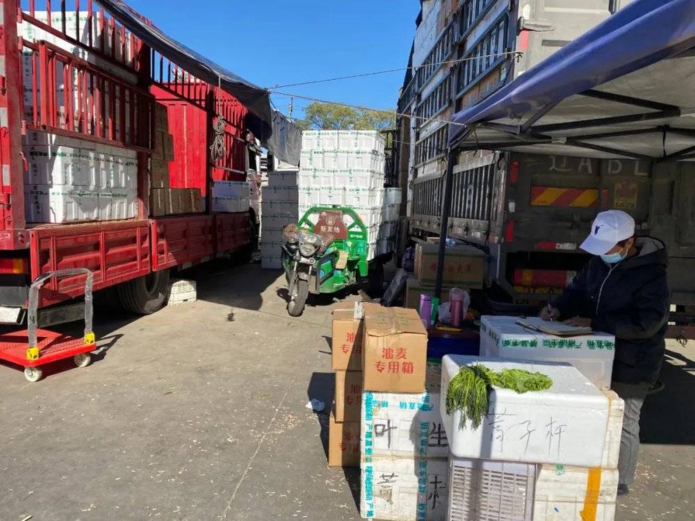 10月27日临近中午时，商户吕保全的妻子闲下来，旁边的货车上还有多箱蔬菜。摄影/王丽娜<br>