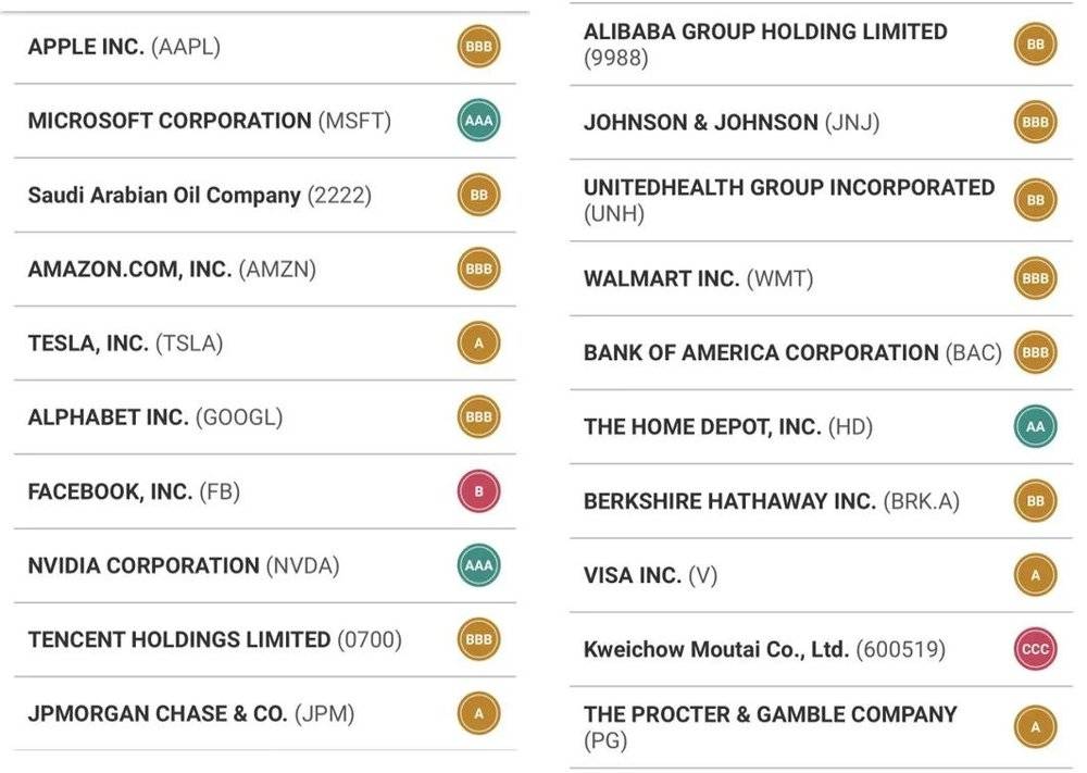 全球20大市值公司的MSCI ESG评级  图片来源：MSCI