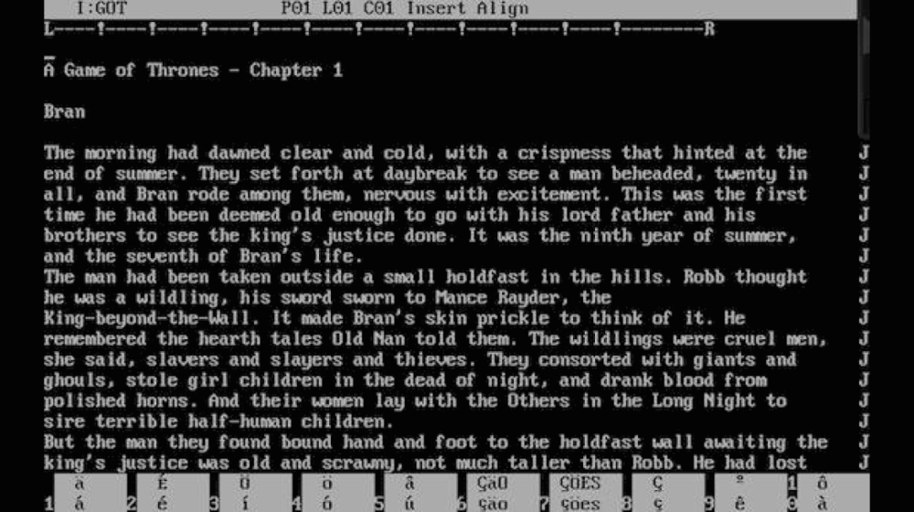 《冰与火之歌》第一部《权力的游戏》在 WordStar 上打开的截图<br label=图片备注 class=text-img-note>