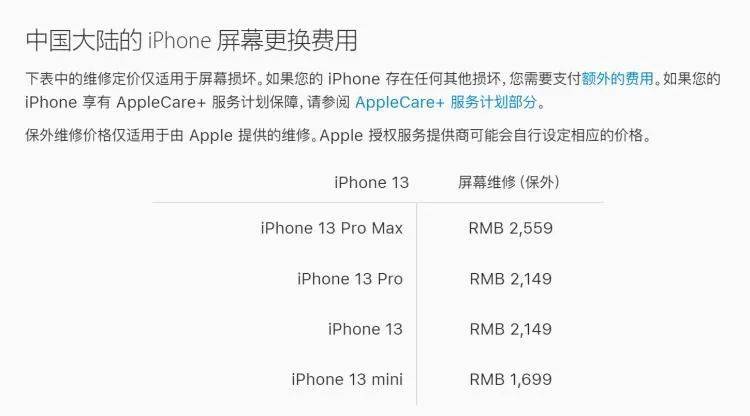 iPhone 13系列的屏幕保外维修价格。/苹果官网截图<br>