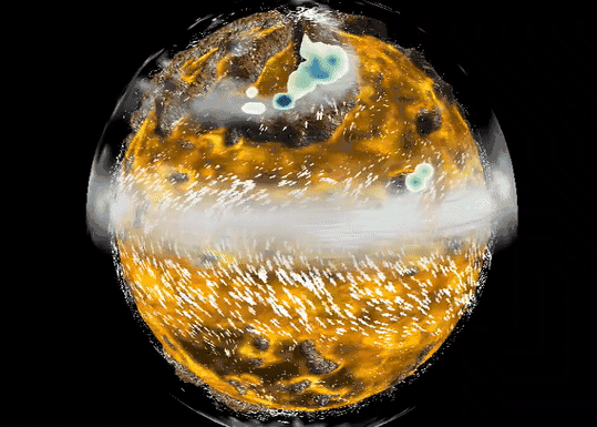 图注：厄拉科斯气候模型的可视化演示图。在Climate Archive网站里这是一个 3D 的球，可以自由旋转和拖拽，在左侧菜单可以选择云层、温度、降水、风力等不同的显示图层。<br>
