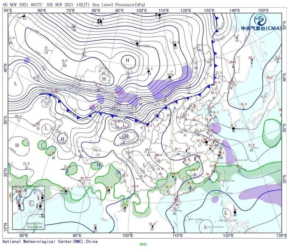 北京时间11月5日14时的地面天气图，可以看到数千里冷锋横亘我国西北到东北，其北侧强大的冷高压即寒潮主体。丨中央气象台<br>