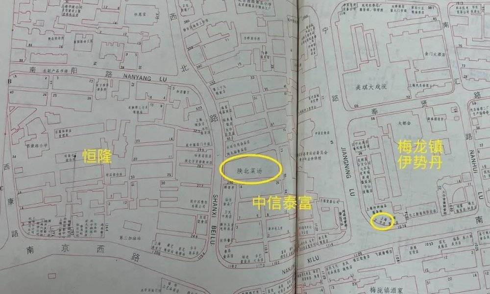 1989年出版的《上海市商用地图册》“梅泰恒”的位置上曾是陕北菜场、上海书店等