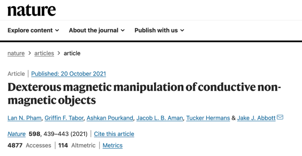 相关研究论文以“Dexterous magnetic manipulation of conductive non-magnetic objects”为题，已发表在权威期刊 Nature 上。<br>