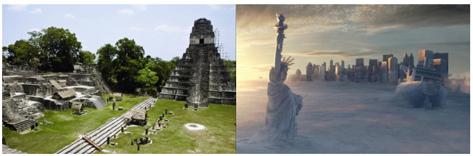 图4 神秘玛雅文明陨落（左）和电影《后天》中寒冻场景（右）<br label=图片备注 class=text-img-note>