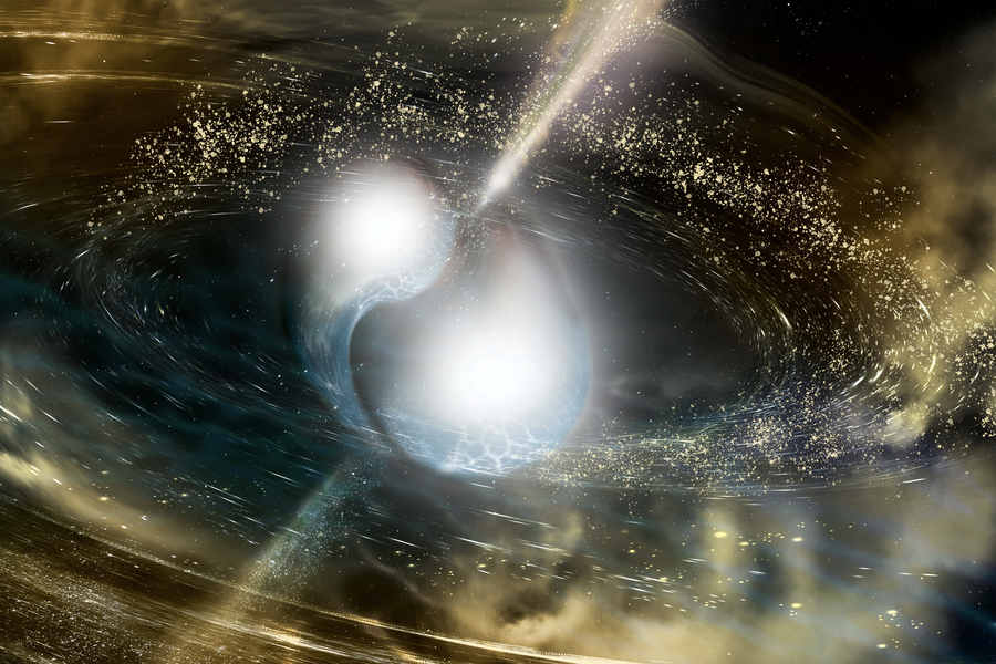 一项新研究表明，在过去的25亿年里，双中子星并合产生的重元素要比中子星和黑洞间的并合要更多。| 图片来源：National Science Foundation/LIGO/Sonoma State University/A. Simonnet‍