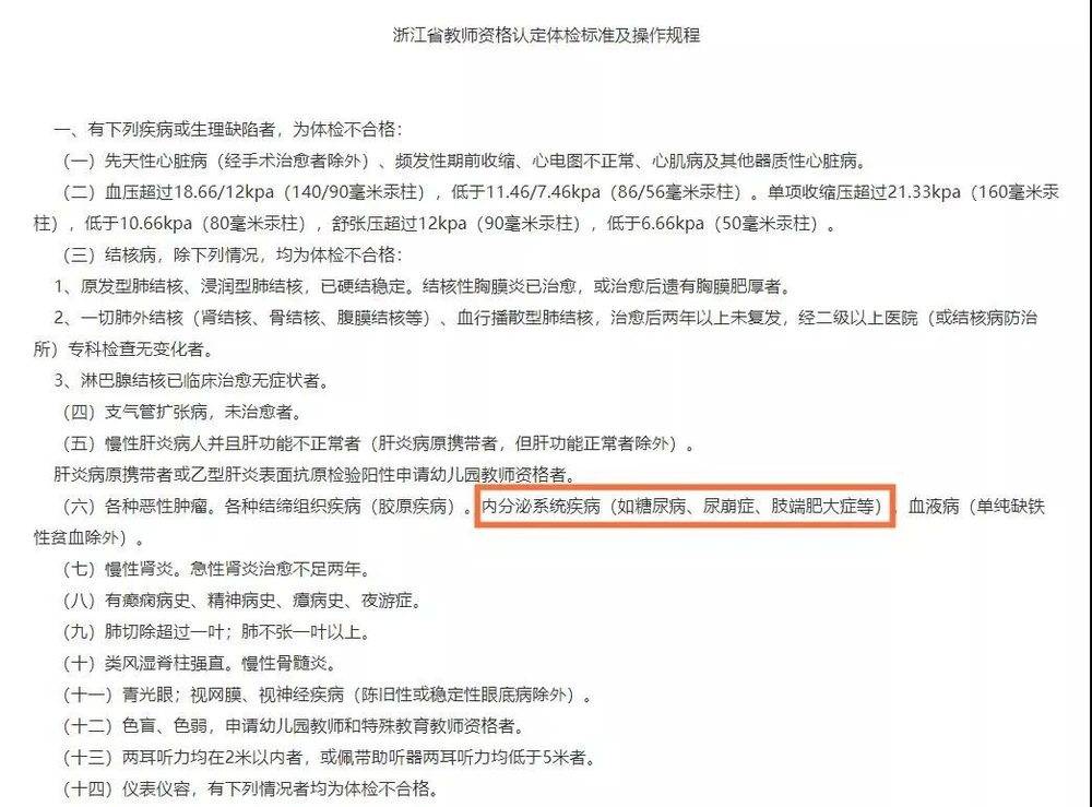 2006年发布至今仍在使用的《浙江省教师资格认定体检工作实施办法（试行）》中规定，糖尿病患者无法通过教师资格体检。