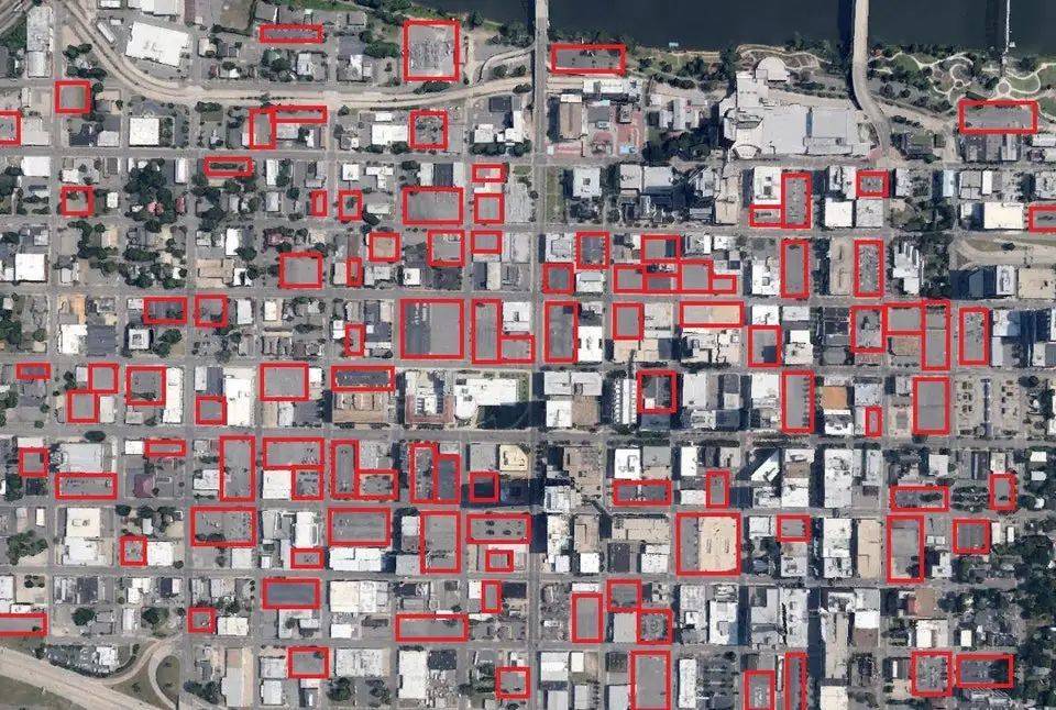 All the red squares are mostly empty surface parking lots (downtown Little Rock, Akansas)
