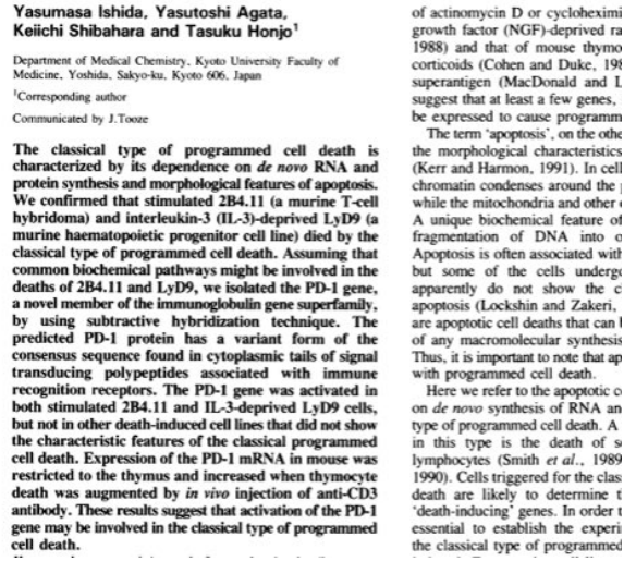 1992年，本庶佑鉴定出PD-1分子发表在EMBO杂志上<br label=图片备注 class=text-img-note>