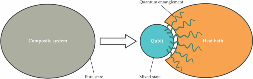 图6. 量子纠缠解释了拉普拉斯妖被消灭的原因。考虑一个纠缠在一起的量子比特和一个热浴（左图）。如果把量子比特单独拿出来，它将处于一种混合态，热浴也是如此。但是，由量子比特和热浴组成的复合系统（右图）处于纯态，因为它作为一个整体是孤立的。假设环境足够大，对于复合系统所处的几乎任何纯态，量子比特将处于非常接近于经典统计力学所赋予它的状态。因此，该系统表现出的行为会使人认为统计力学的基本假设是真的。统计力学分配的概率分布与量子状态是不可区分的，这意味着统计力学不需要杰恩斯引入的“无知”。因此，拉普拉斯妖被打败了。| 来源：Adapted from S. Deffner, Nat. Phys. 11, 383, 2015, doi:10.1038/nphys3318.<br label=图片备注 class=text-img-note>