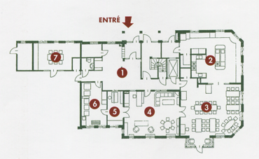 弗德克纳本（Färdknäppen） 合作住宅一层的公共空间  (1) 入口大厅，(2) 公用厨房， (3) 包括图书馆、上网和缝纫区域的客厅，(4) 包括图书馆、上网和缝纫区域的客厅，(5) 编织房间,  (6) 洗衣机室  (7) 木工房间。       
