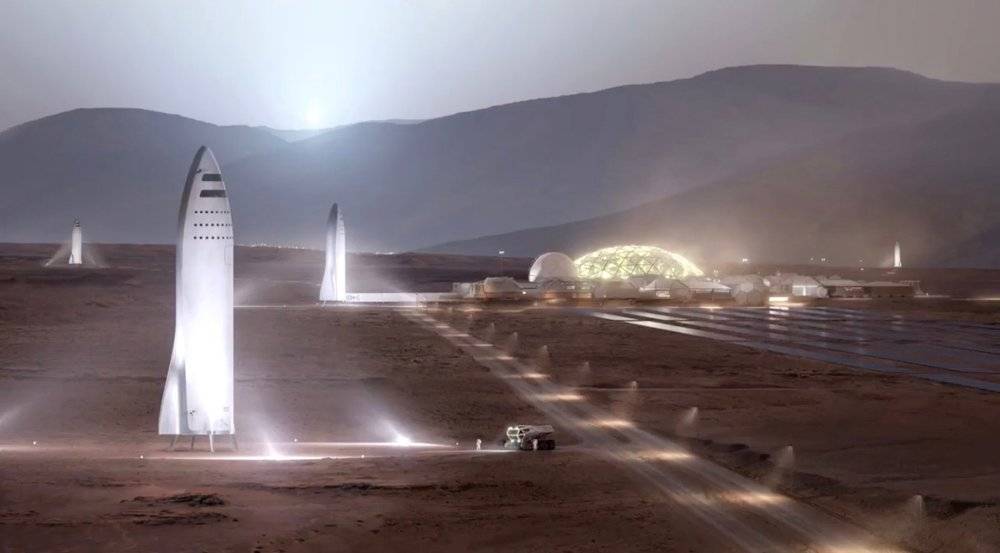 马斯克在社交平台上发布的插图，展示了SpaceX火箭立在火星表面上