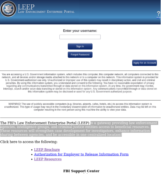 The FBI's Law Enforcement Enterprise Portal (LEEP)网站页面<br>