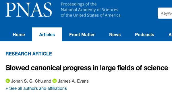 论文题目<span class=text-remarks label=备注>：</span><span class=text-remarks label=备注>Slowed canonical progress in large fields of science</span><br>