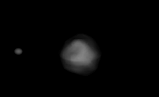 由光度光曲线和雷达数据得到的小行星迪莫莫斯Didymos系统的模拟图像。主体直径约780米，小卫星约160米。它们相距只有一公里多。初生体每2.26小时自转一次，而潮汐锁紧的小卫星每11.9小时围绕初生体旋转一次。近六分之一的已知近地小行星（NEA）是双星或多体系统。图片来自：NASA<br label=图片备注 class=text-img-note>