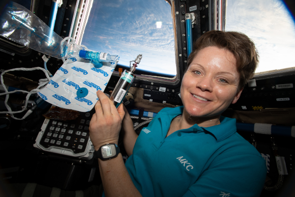 美国宇航局航天员安妮·麦克莱恩，收集骨髓样本，以研究微重力对骨髓和血细胞产生的影响。<br>