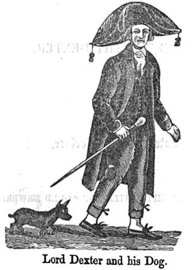 “勋爵” 蒂莫西·德克斯特，一个怪人的全身肖像和他的狗，作者詹姆斯·阿金（James Akin），1805年雕版，1806年出版<br>