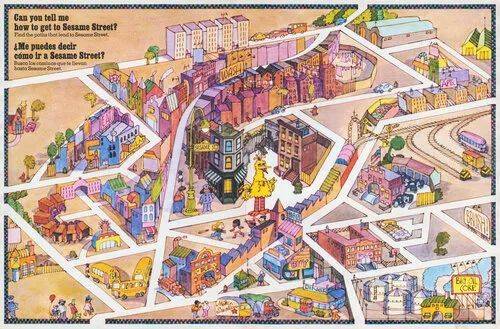  1975 年的芝麻街杂志所创造的艺术地图，满足雅各布斯的场所营造标准：街区短、建筑年龄不同、居民密集。