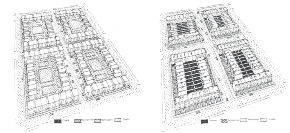 根据纽曼的说法，将住房开发中无差别的户外空间（左）划分为半私人和私人空间（右）将鼓励居民自我监管。