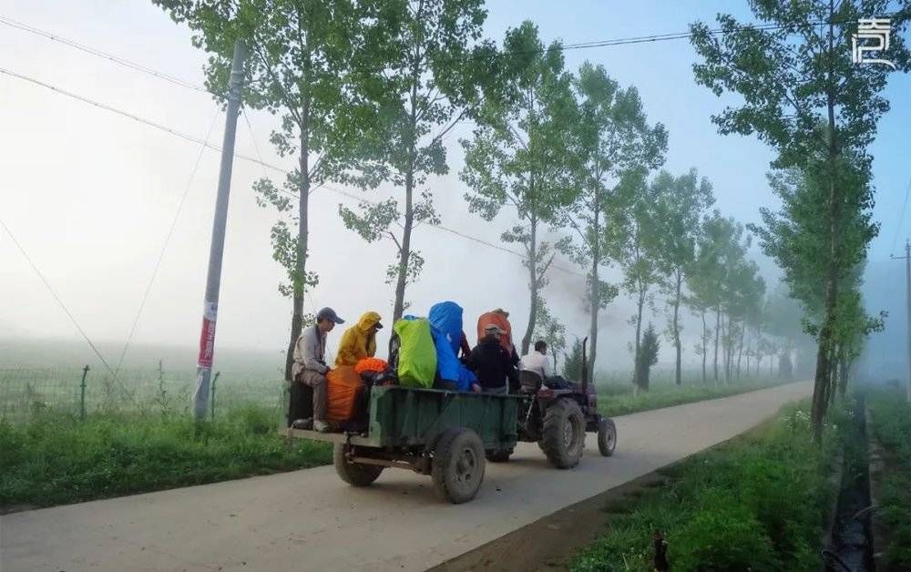 塘口村进山路，搭乘程秀才家拖拉机去鳌山的驴友。摄 / 阳光<br>