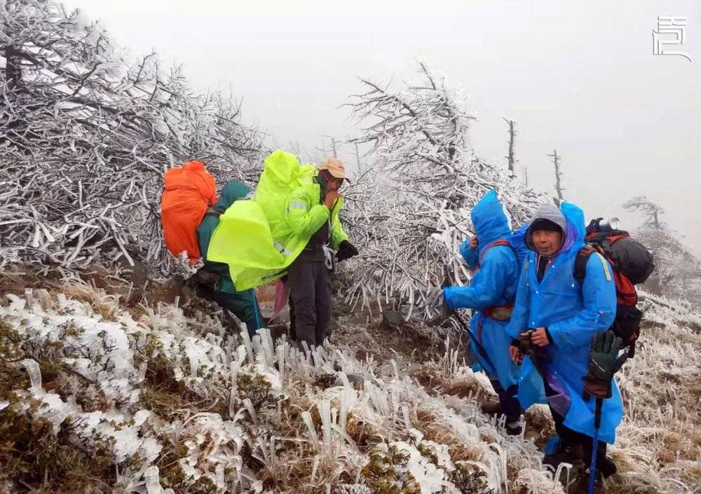 救援人员抵达前夜一场寒流，全线结冻，遍地冰棱。右一为程开稳。<br>