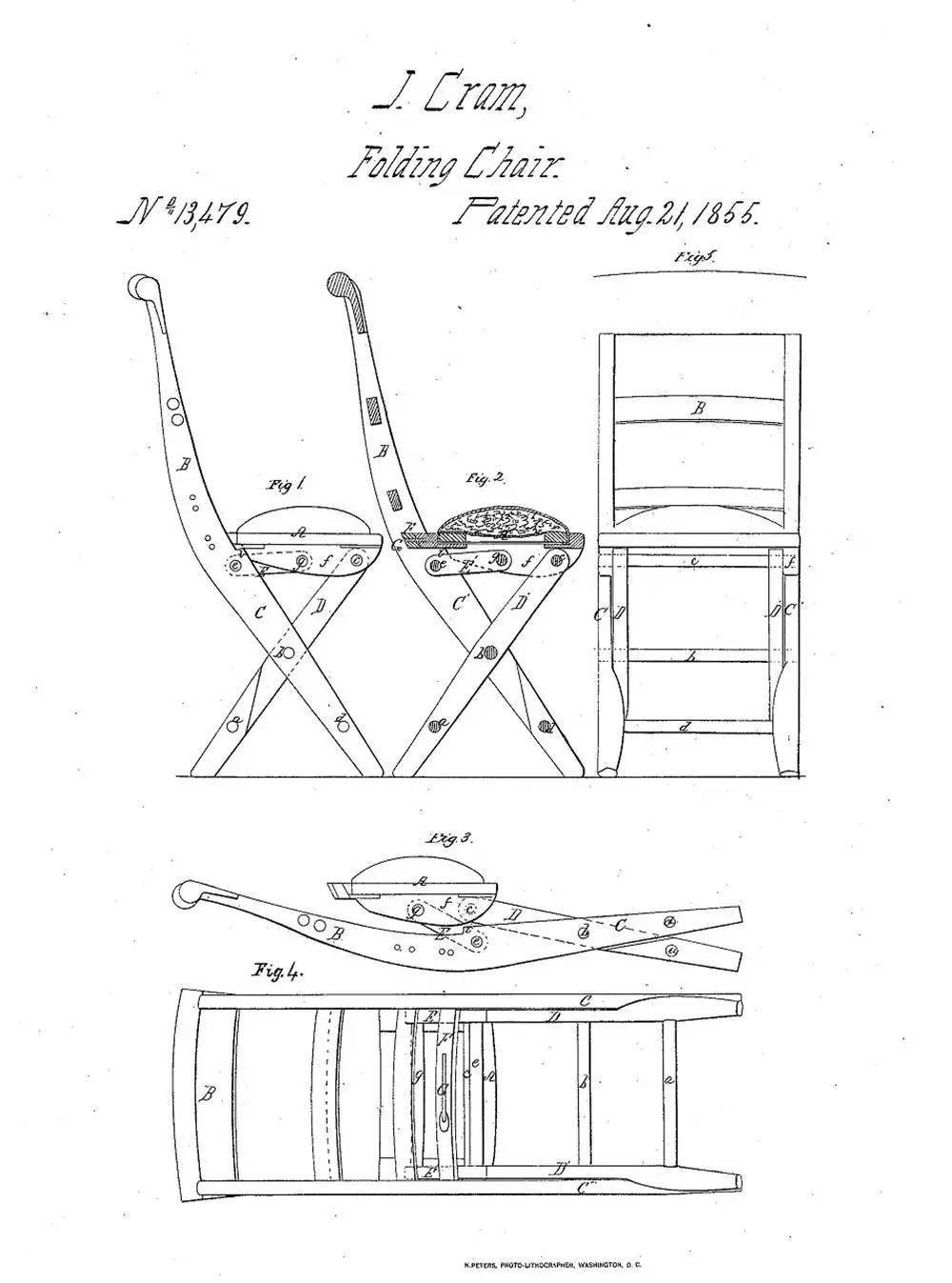 John Cram 在 1855 年绘制的折叠椅设计图. 图片来自：Tent and Table<br>