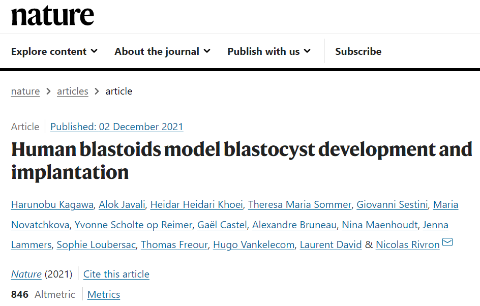 该研究以“<em>Human blastoids model blastocyst development and implantation</em>”为题，发表在最近的 <em>Nature</em> 杂志上。<br>