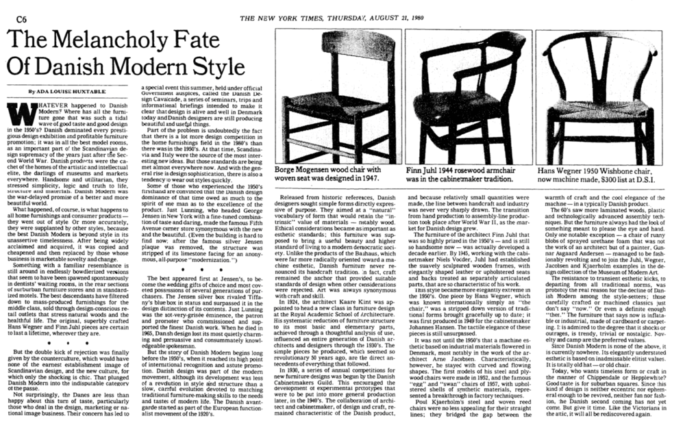 面对MCM风格的第一次衰落，时任《纽约时报》建筑评论员的赫克斯塔布尔（首位普利策批评奖获得者）在其1980年的文章《The Melancholy Fate of Danish Modern Style》中说：<br>
