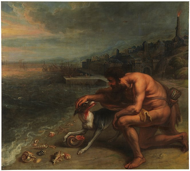 相传古希腊神话的大力神赫拉科斯勒带着他的狗去找仙女求爱。他们走在沙滩上，狗咬破了一只海螺（图中是一个鹦鹉螺而非骨螺），嘴巴被染成了紫红色。仙女见状要求也染一件紫红色的长袍，便成了紫色染料的来源。这幅图是艺术家彼得·保罗·鲁本斯（Peter Paul Rubens）的作品，画于1636年左右，现由普拉多博物馆收藏。丨图片来源：wiki<br>