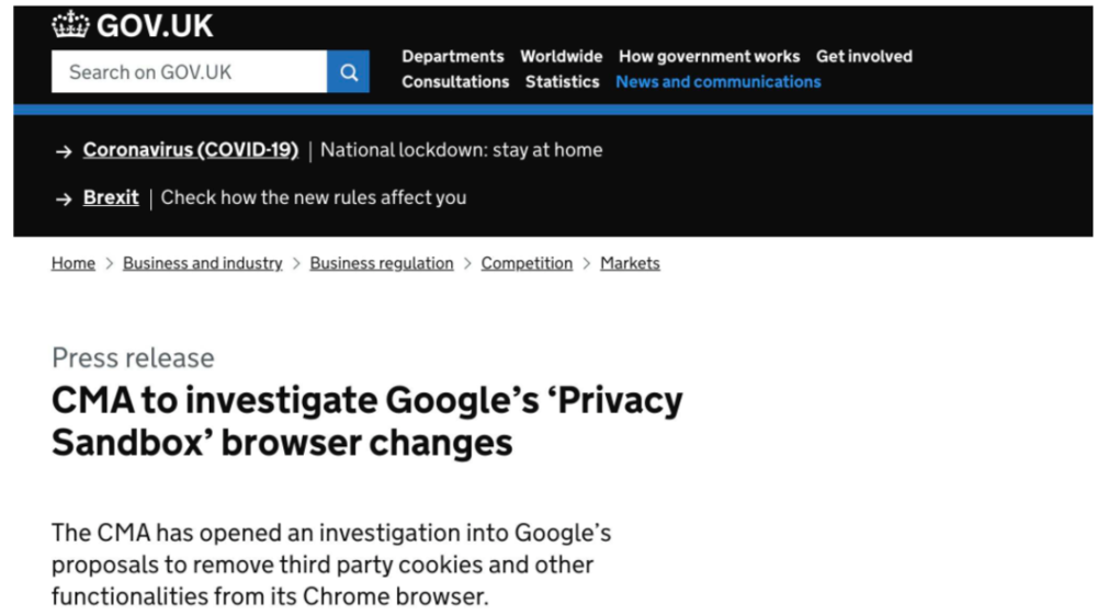 CMA对谷歌“隐私沙盒”展开反垄断调查<br>