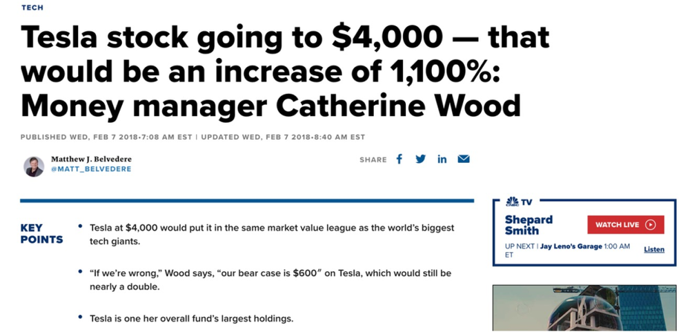 木头姐2018年对特斯拉股价的预言，图片来自CNBC<br>
