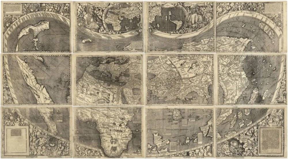 马丁·瓦尔德泽米勒的世界地图，是历史上第一次将亚美利加（America) 标注在世界地图之上，被誉为“美洲的出生证”（来源：wikipedia.org）<br>